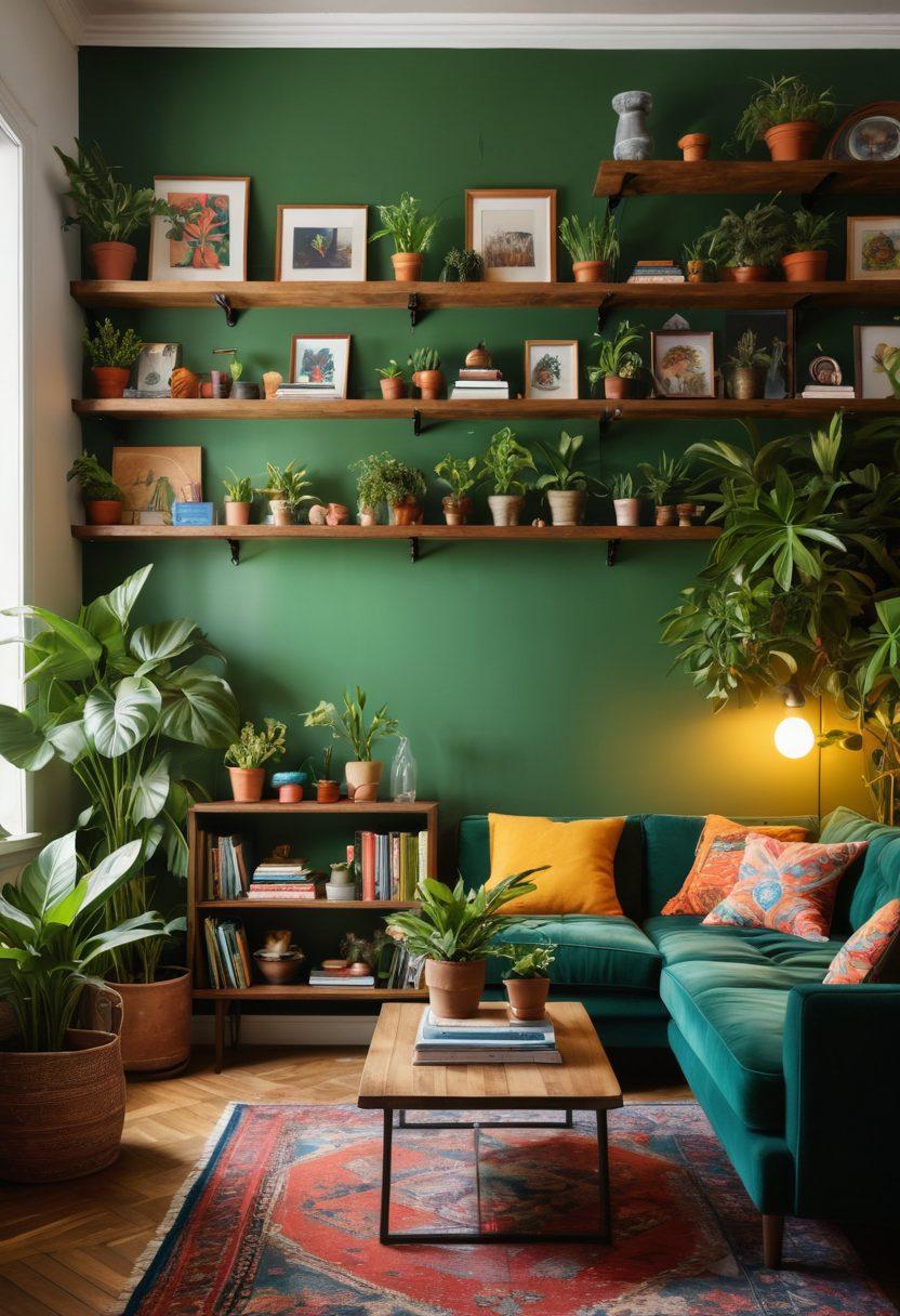 A cozy, eclectic living space inspired by the Dunble community, featuring mismatched vintage furniture, vibrant patterns, and plants cascading from shelves. Include colorful wall art that reflects community spirit, with warm lighting creating an inviting atmosphere. Capture a blend of different styles and textures, depicting a unique harmony of lives intertwined. super-realistic. vibrant colors. warm lighting.