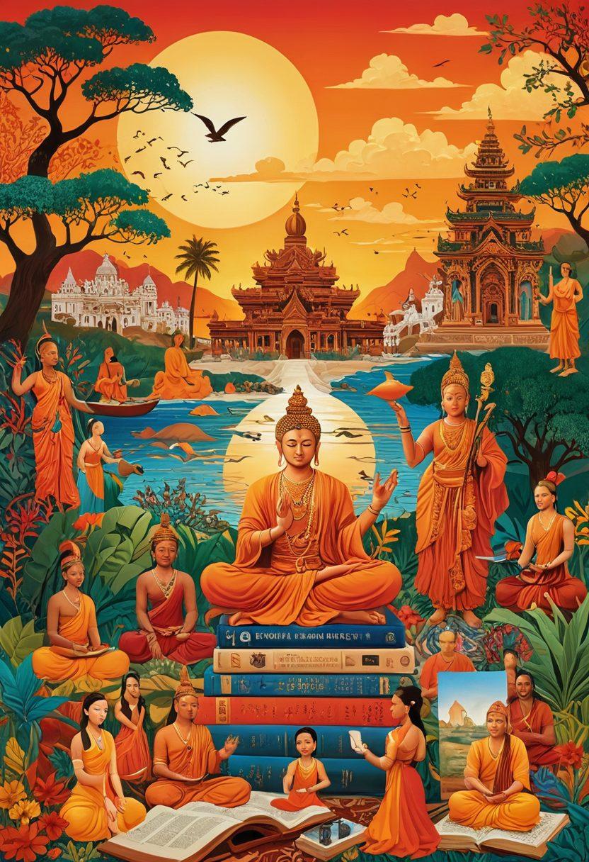 A vibrant collage of diverse Dunble cultural symbols, showcasing traditional art, philosophy books, and expressive figures in dynamic poses. Incorporate lush landscapes and cultural festivals, with a serene sunset in the background symbolizing enlightenment and reflection. Blend warm colors to evoke emotion and connection. super-realistic. vibrant colors. 3D.