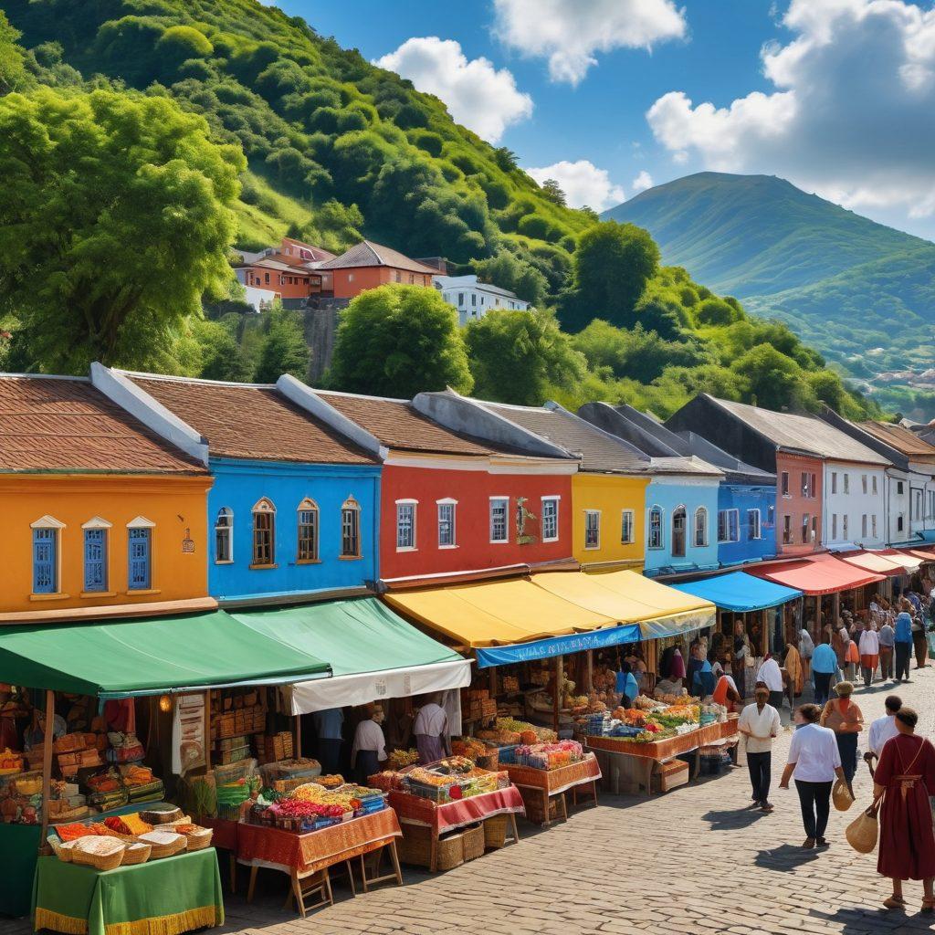 A colorful landscape of Dunble, featuring lush green hills, a vibrant marketplace bustling with locals in traditional attire, and unique cultural elements like artistic murals and local crafts. Include a backdrop of picturesque architecture showcasing Dunble's heritage and a bright sky filled with fluffy clouds. super-realistic. vibrant colors.